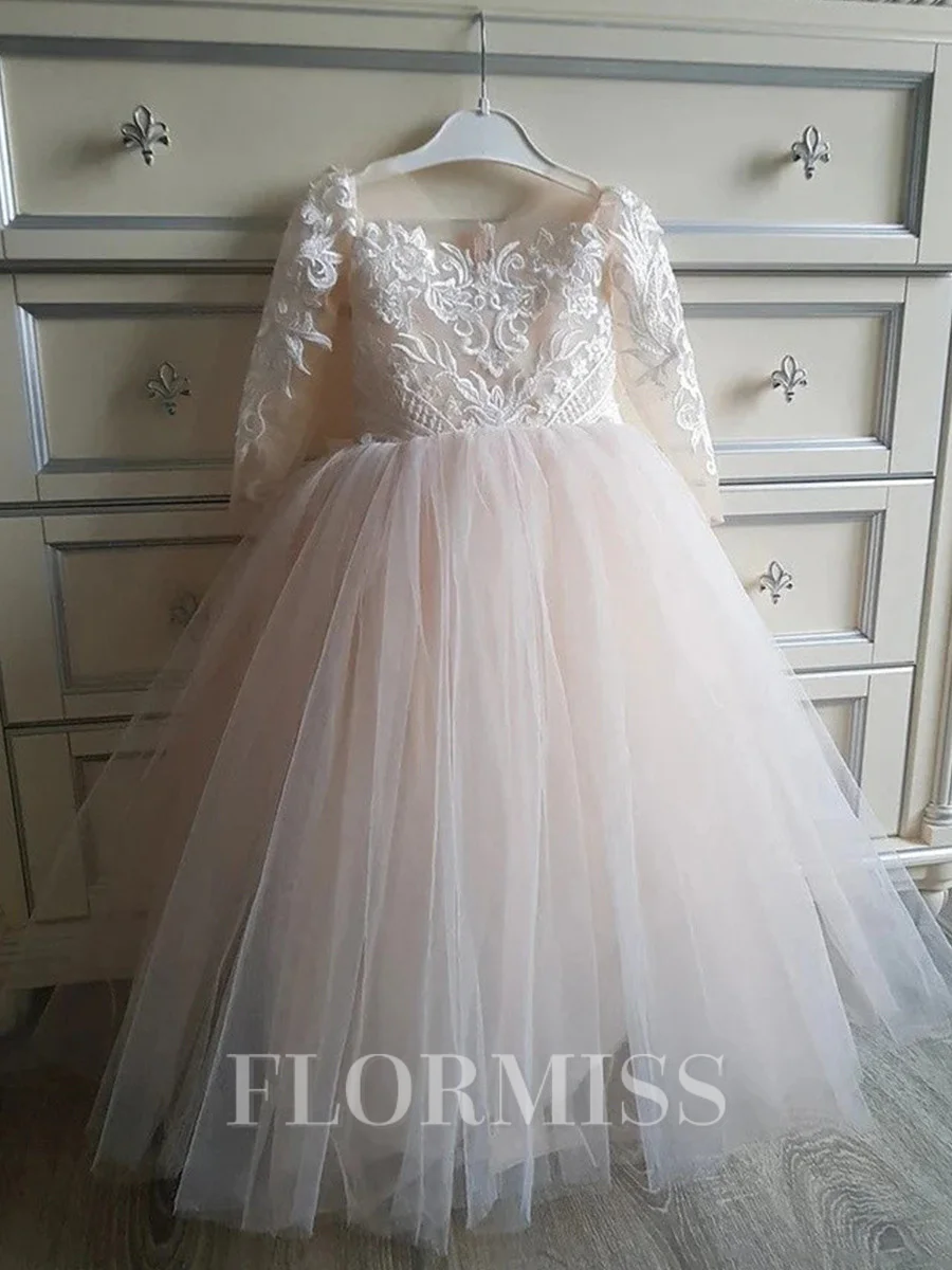A-line Scoop Long Sleeves Applique Floor-Length Tulle Flower Girl Dress