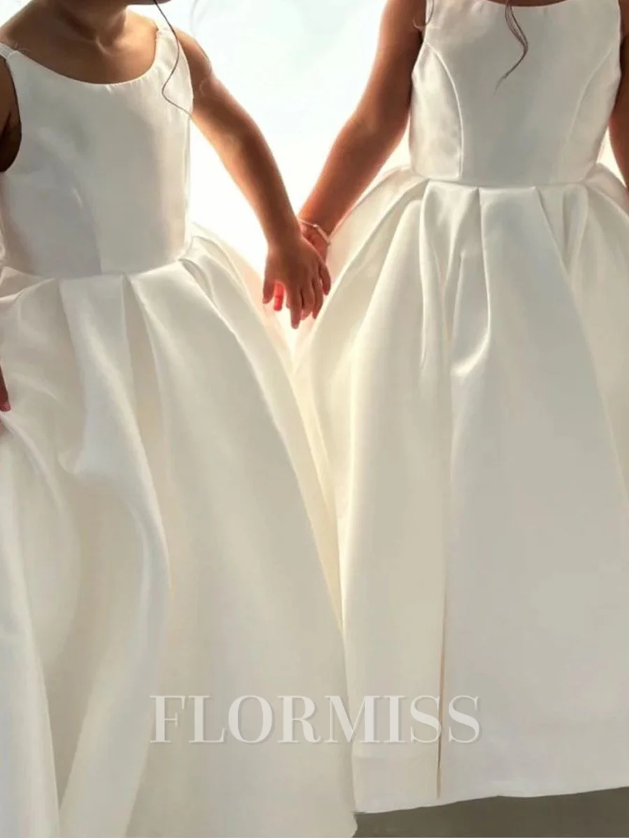 A-line Scoop Bowknot Sweep Train Satin Flower Girl Dress