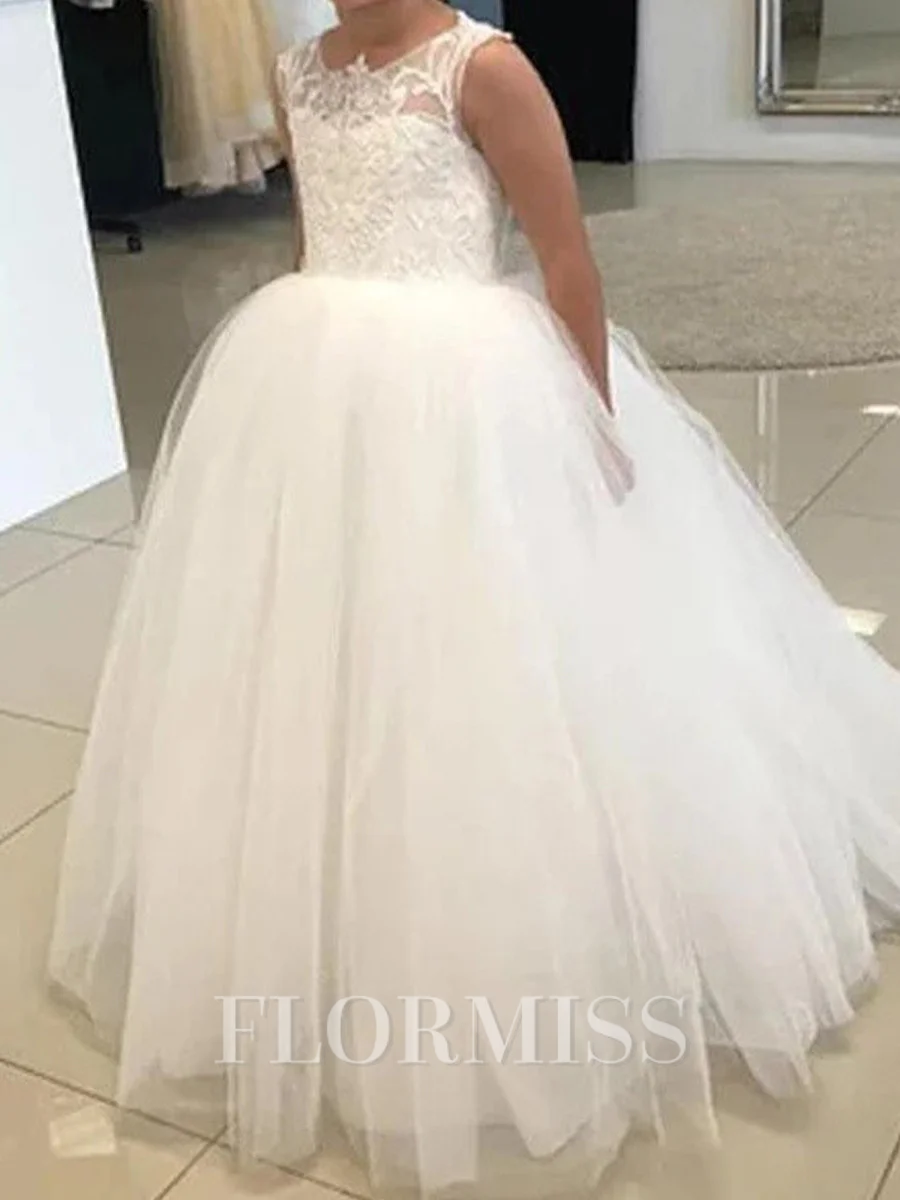 A-line Scoop Applique Sweep Train Tulle Flower Girl Dress