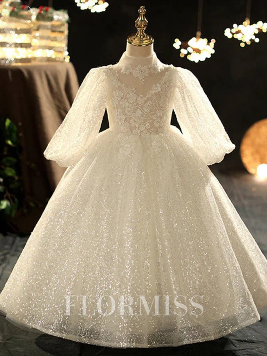 Ball-Gown High Neck Long Sleeves Applique Floor-Length Sequins Flower Girl Dress