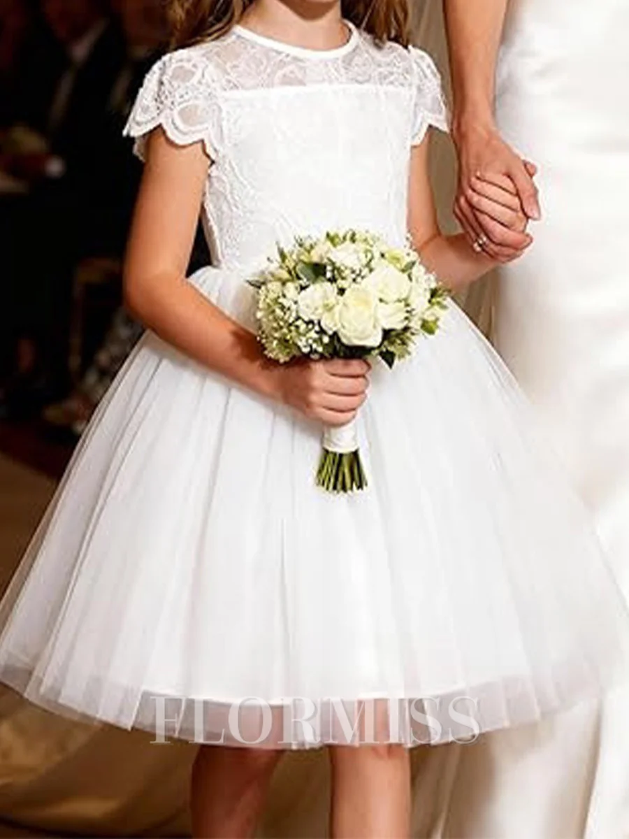 A-line Scoop Short Sleeves Applique Knee-Length Tulle Flower Girl Dress