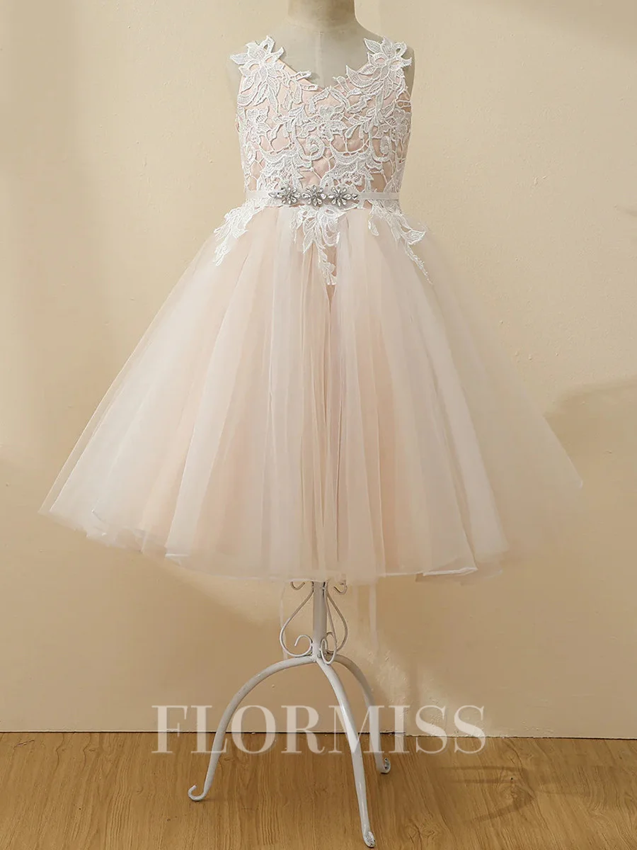 A-line V-neck Applique Floor-Length Tulle Flower Girl Dress