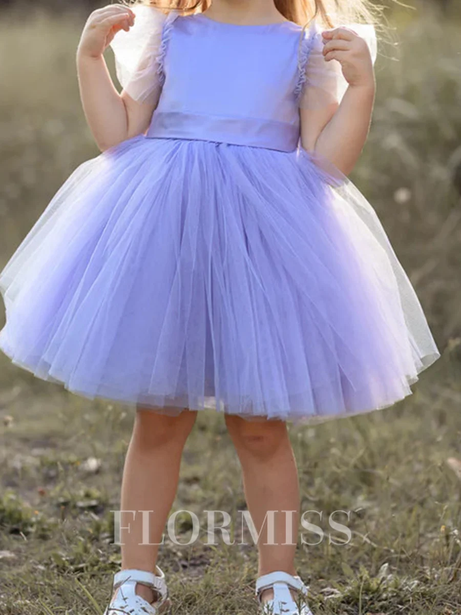 A-line Scoop Short Sleeves Bowknot Knee-Length Tulle Flower Girl Dress