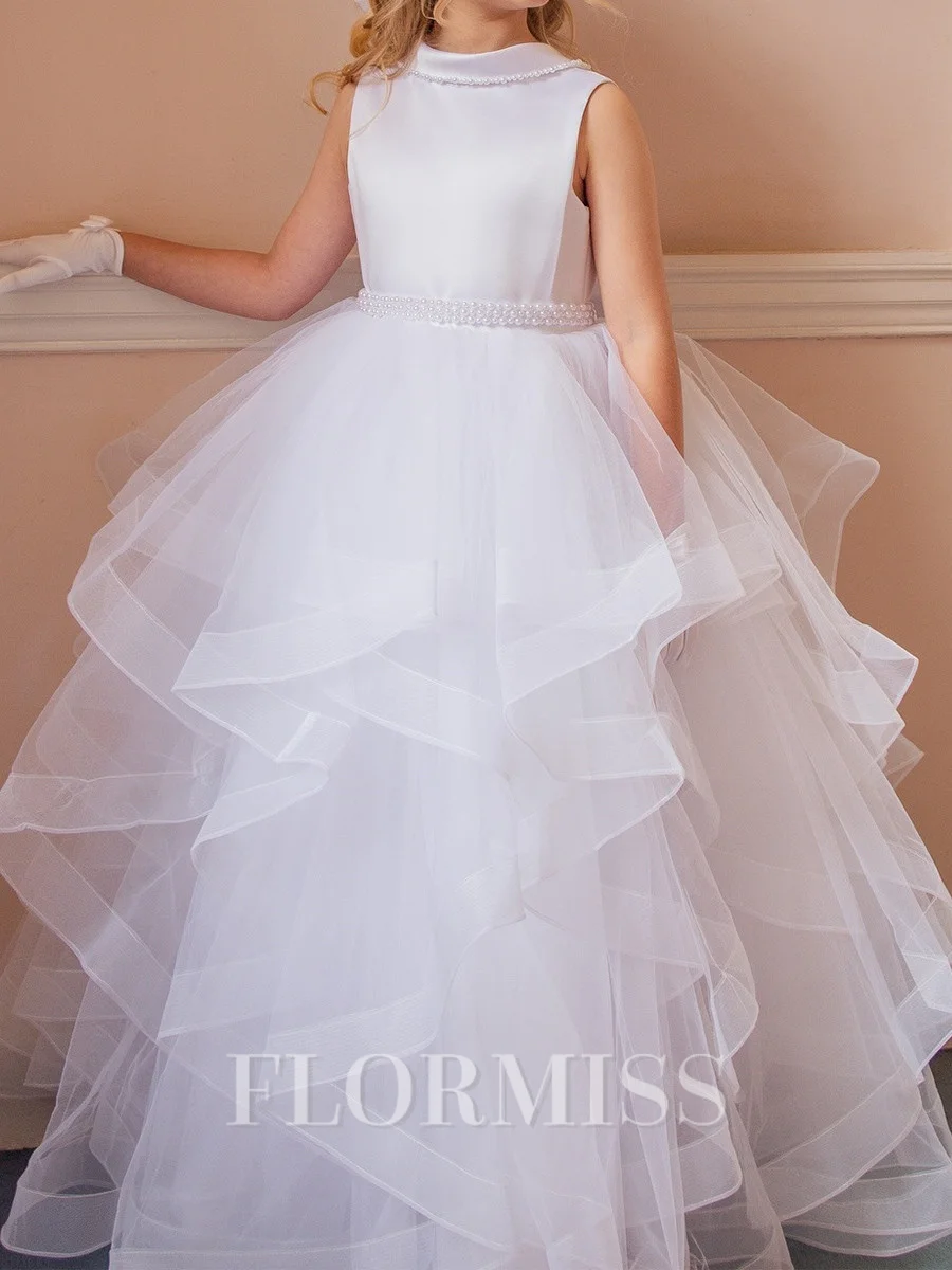 A-line Scoop Bowknot Floor-Length Tulle Flower Girl Dress