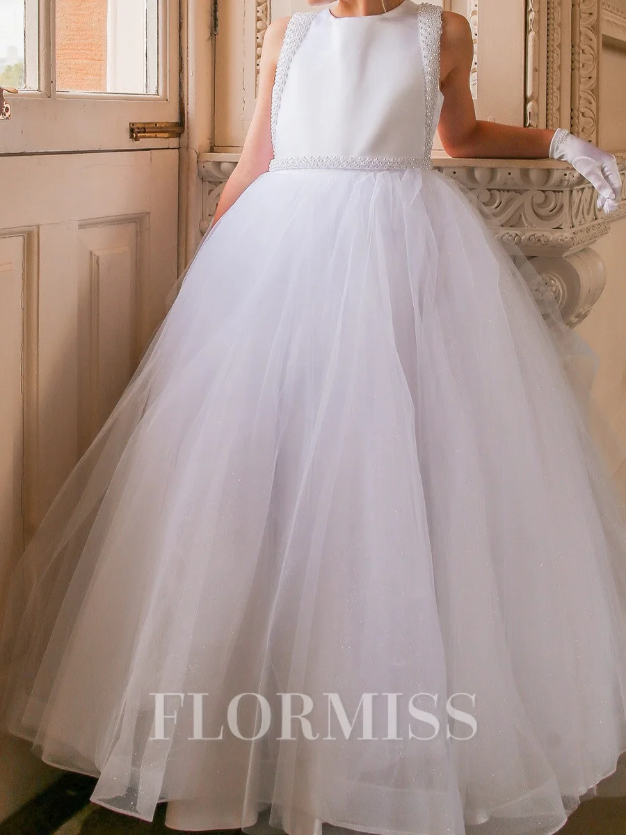 A-line Scoop Bowknot Floor-Length Tulle Flower Girl Dress