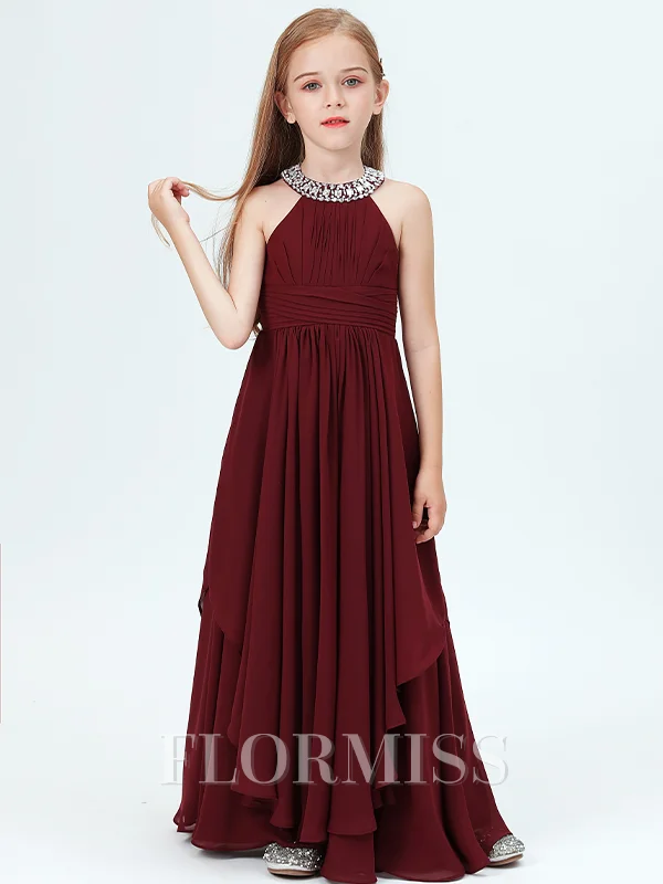 A-Line/Princess Jewel Floor-Length Chiffon Junior Bridemaid Dresses With Rhinestone