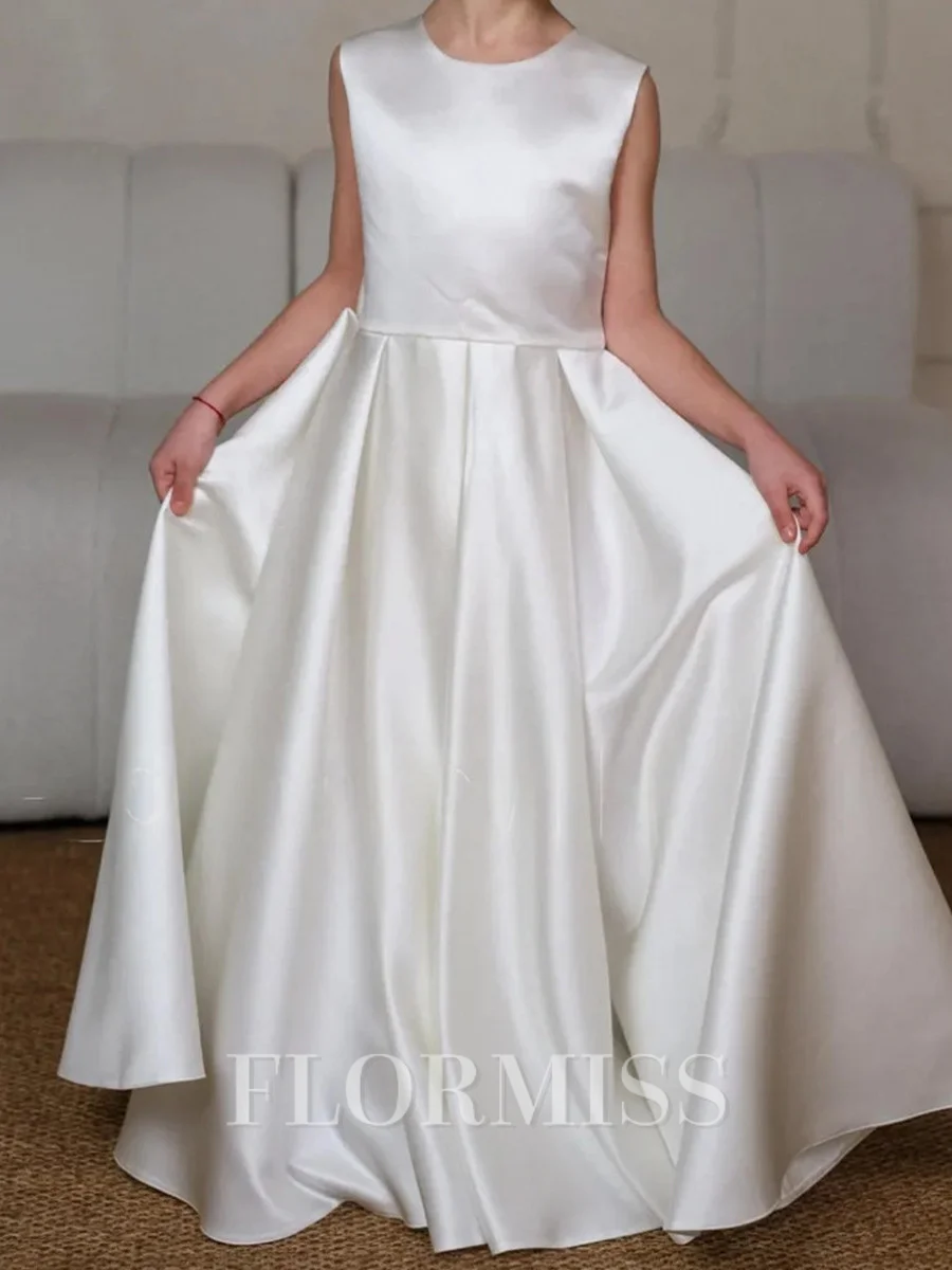 A-line Scoop Bowknot Floor-Length Satin Flower Girl Dress