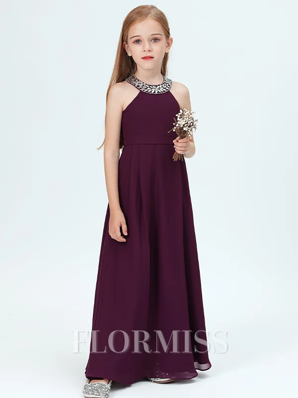 A-Line/Princess Jewel Floor-Length Chiffon Junior Bridemaid Dresses With Rhinestone