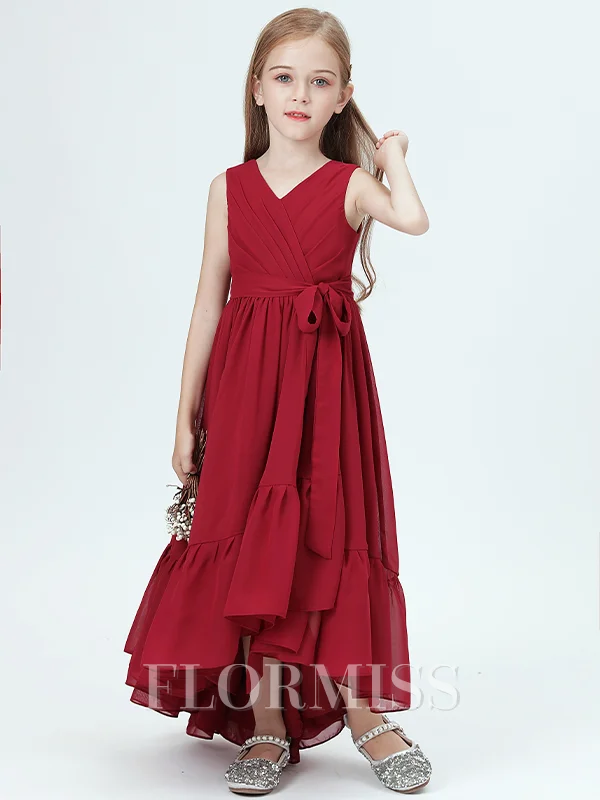 A-Line/Princess V-neck Asymmetrical Chiffon Junior Bridemaid Dresses With Belt/Sash