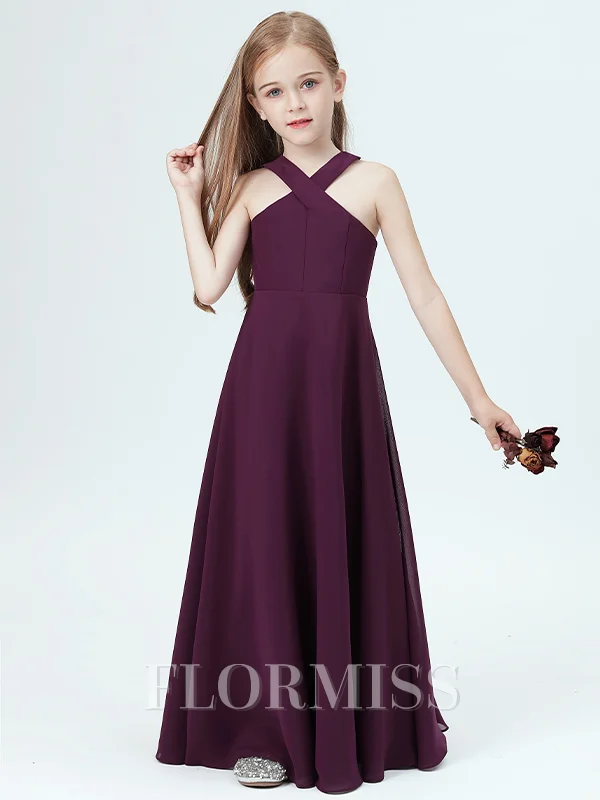A-Line/Princess Halter Floor-Length Chiffon Junior Bridemaid Dresses