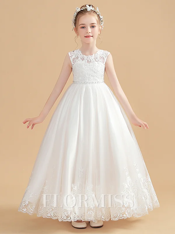 Ball Gown Scoop Ankle-Length Tulle Junior Bridemaid Dresses With Appliques Lace