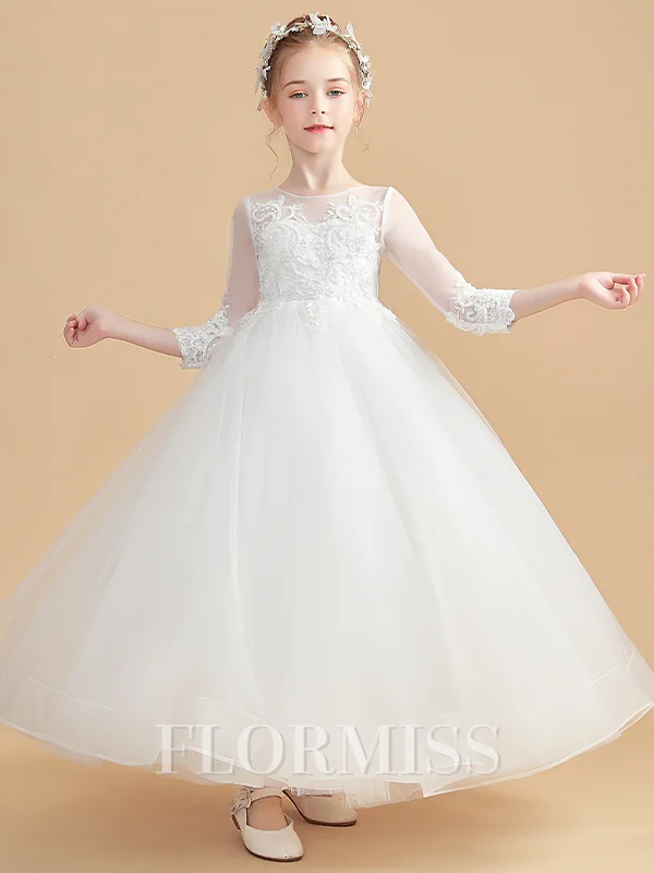 Ball Gown Scoop Ankle-Length Tulle Junior Bridemaid Dresses With Appliques Lace