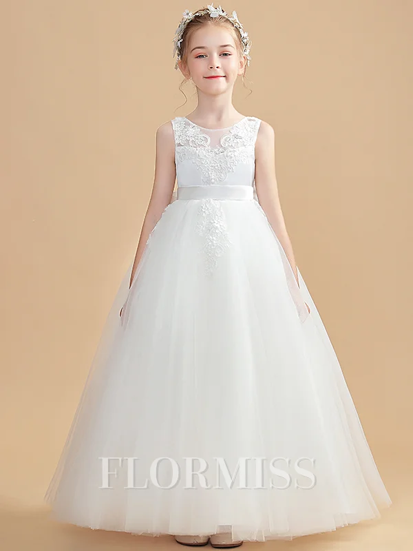 A-Line/Princess Scoop Ankle-Length Tulle Junior Bridemaid Dresses With Belt/Sash