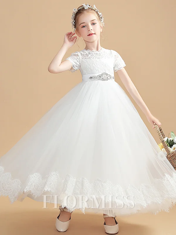 A-Line/Princess Scoop Ankle-Length Tulle Junior Bridemaid Dresses With Belt/Sash