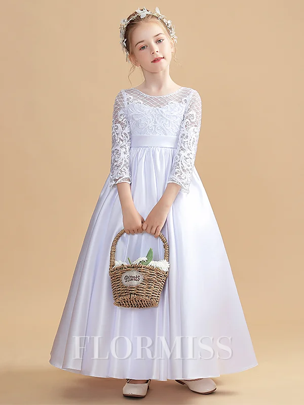 A-Line/Princess Scoop Ankle-Length Satin Junior Bridemaid Dresses With Belt/Sash
