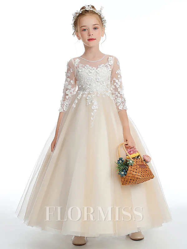 Ball Gown Scoop Ankle-Length Tulle Junior Bridemaid Dresses With Appliques Lace
