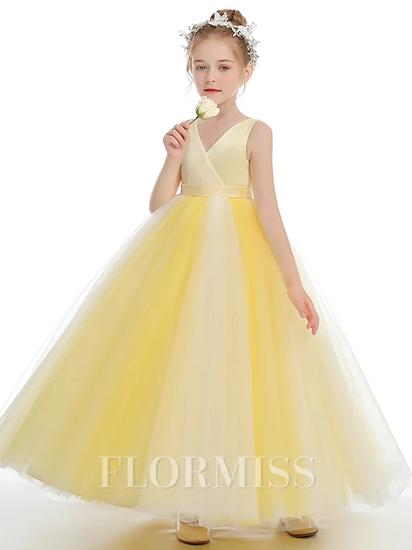 Ball Gown V-neck Ankle-Length Tulle Junior Bridemaid Dresses