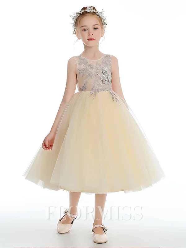 Ball Gown Scoop Tea-Length Tulle Junior Bridemaid Dresses With Flower