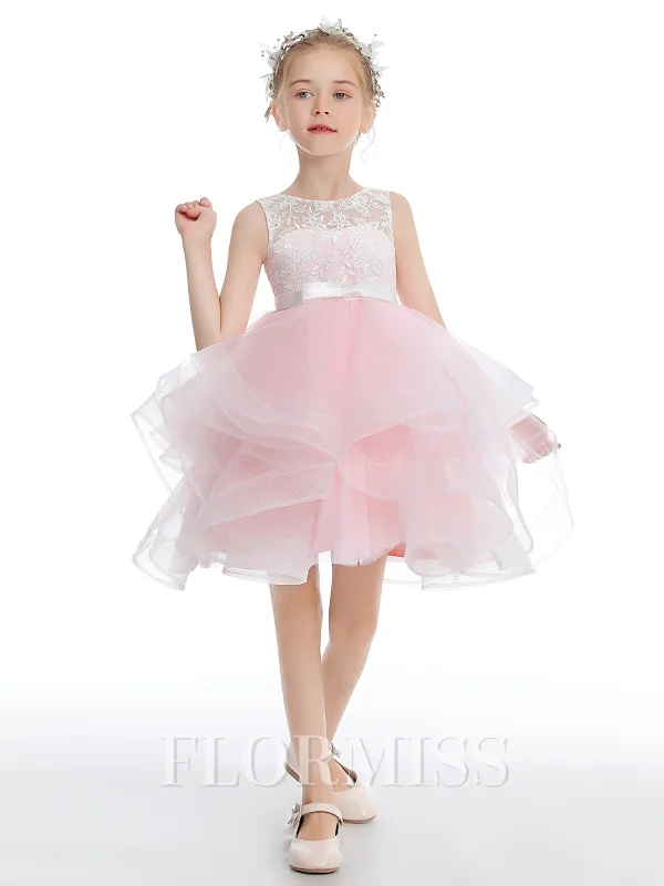 A-Line/Princess Scoop Short/Mini Tulle Junior Bridemaid Dresses With Bow