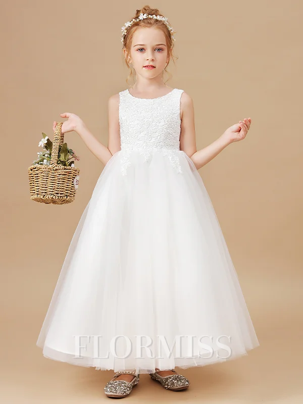 A-Line/Princess Scoop Ankle-Length Tulle Junior Bridemaid Dresses With Bow