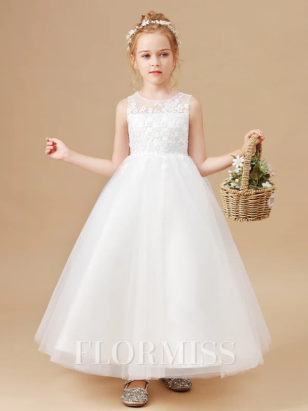 A-Line/Princess Scoop Ankle-Length Tulle Junior Bridemaid Dresses With Appliques Lace