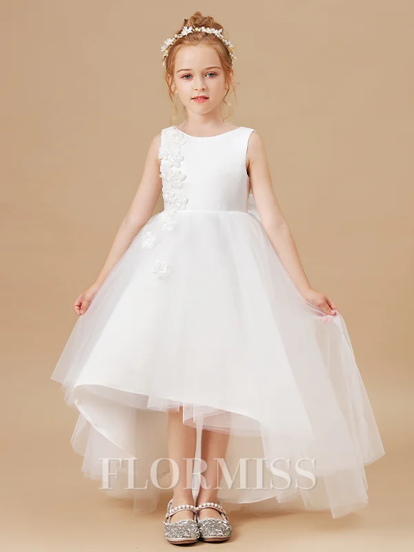 A-Line/Princess Scoop Asymmetrical Tulle Junior Bridemaid Dresses With Bow