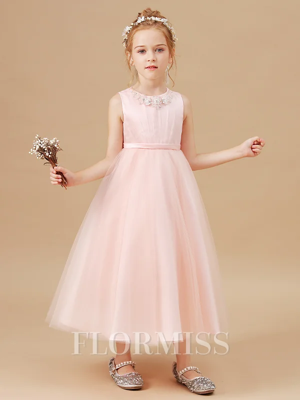 A-Line/Princess Scoop Tea-Length Tulle Junior Bridemaid Dresses With Belt/Sash
