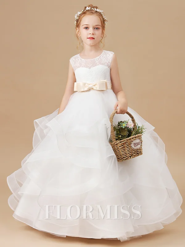 Ball Gown Scoop Ankle-Length Tulle Junior Bridemaid Dresses With Bow