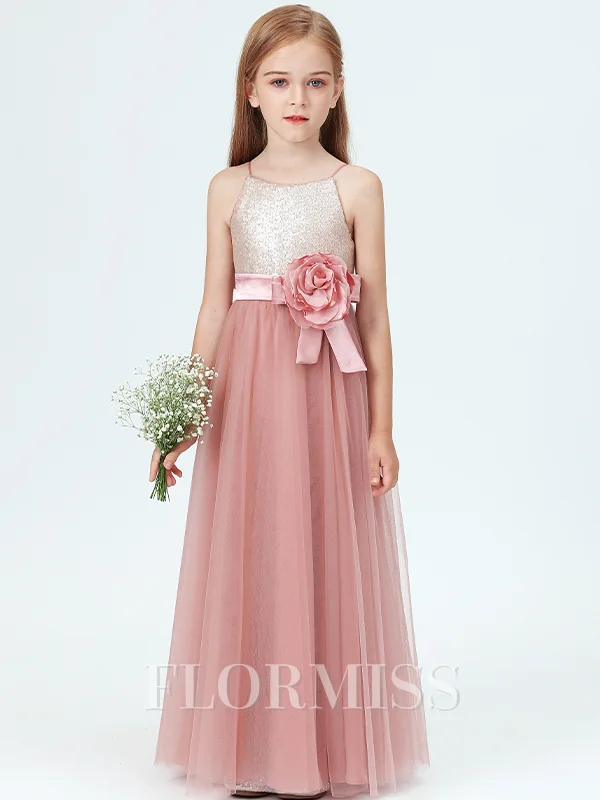 A-Line/Princess Spaghetti Straps Floor-Length Tulle Junior Bridemaid Dresses With Flower