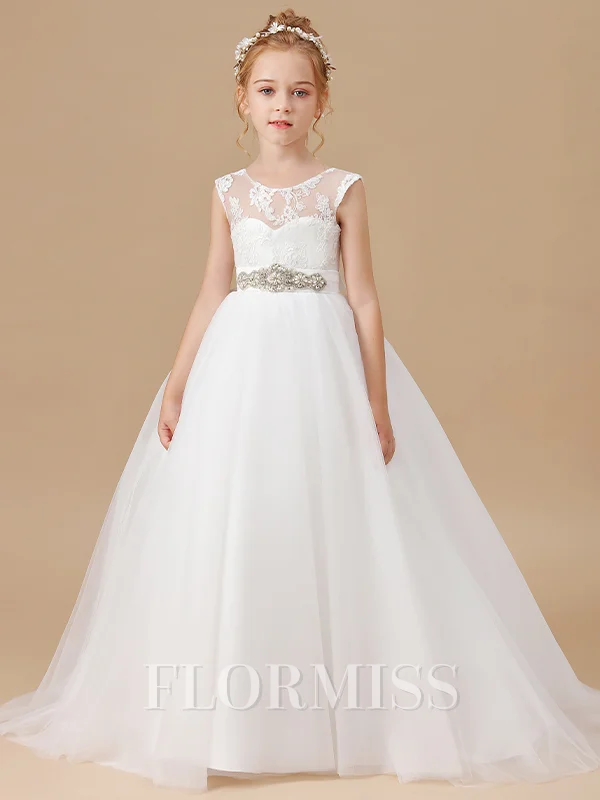 Ball Gown Scoop Sweep/Brush Train Tulle Junior Bridemaid Dresses With Belt/Sash