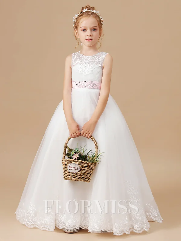 A-Line/Princess Scoop Sweep/Brush Train Tulle Junior Bridemaid Dresses