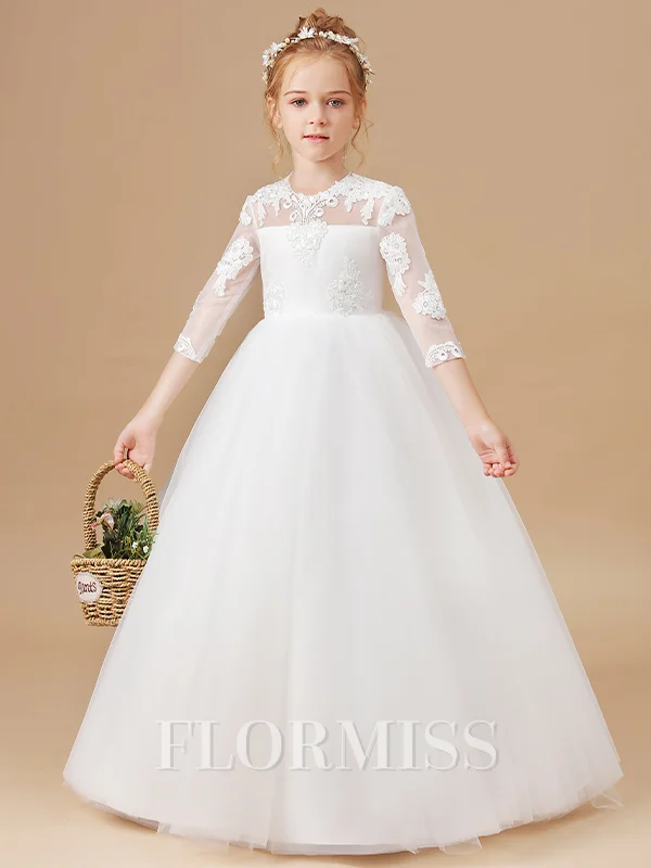 Ball Gown Scoop Floor-Length Tulle Junior Bridemaid Dresses With Appliques Lace