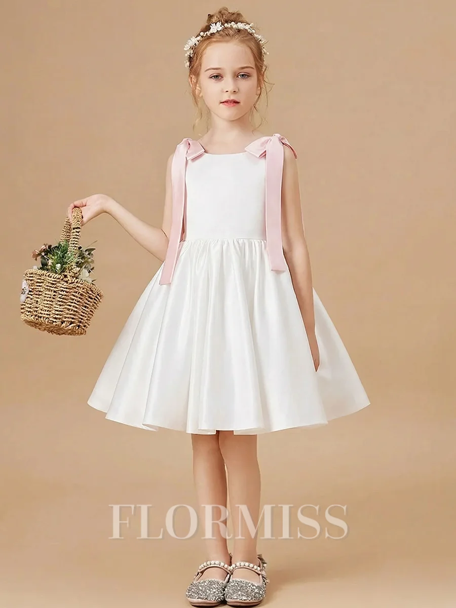 A-line Scoop Bowknot Knee-Length Satin Flower Girl Dress