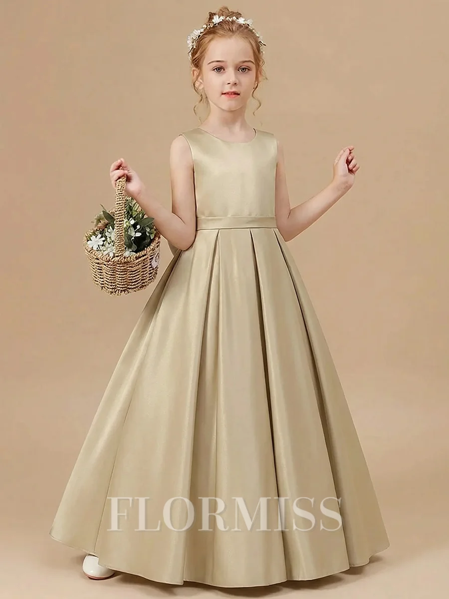 A-line Scoop Bowknot Floor-Length Satin Flower Girl Dress