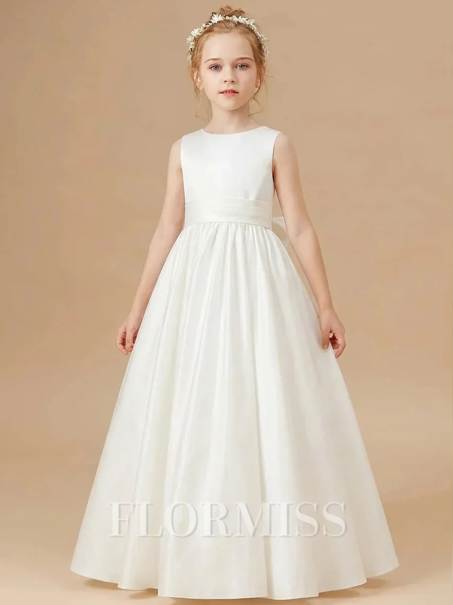 A-line Scoop Bowknot Floor-Length Satin Flower Girl Dress