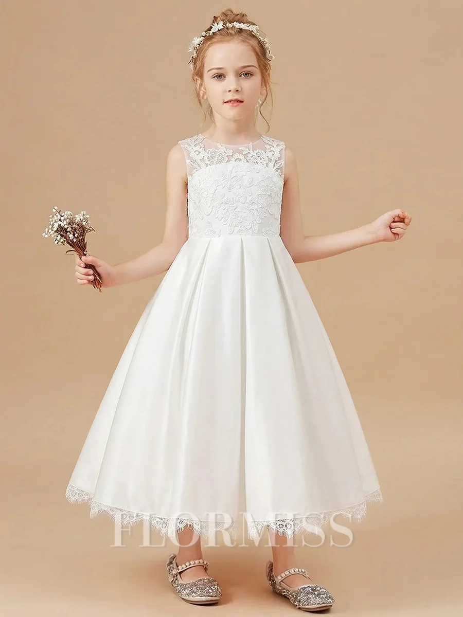 A-line Scoop Lace Ankle-Length Satin Flower Girl Dress
