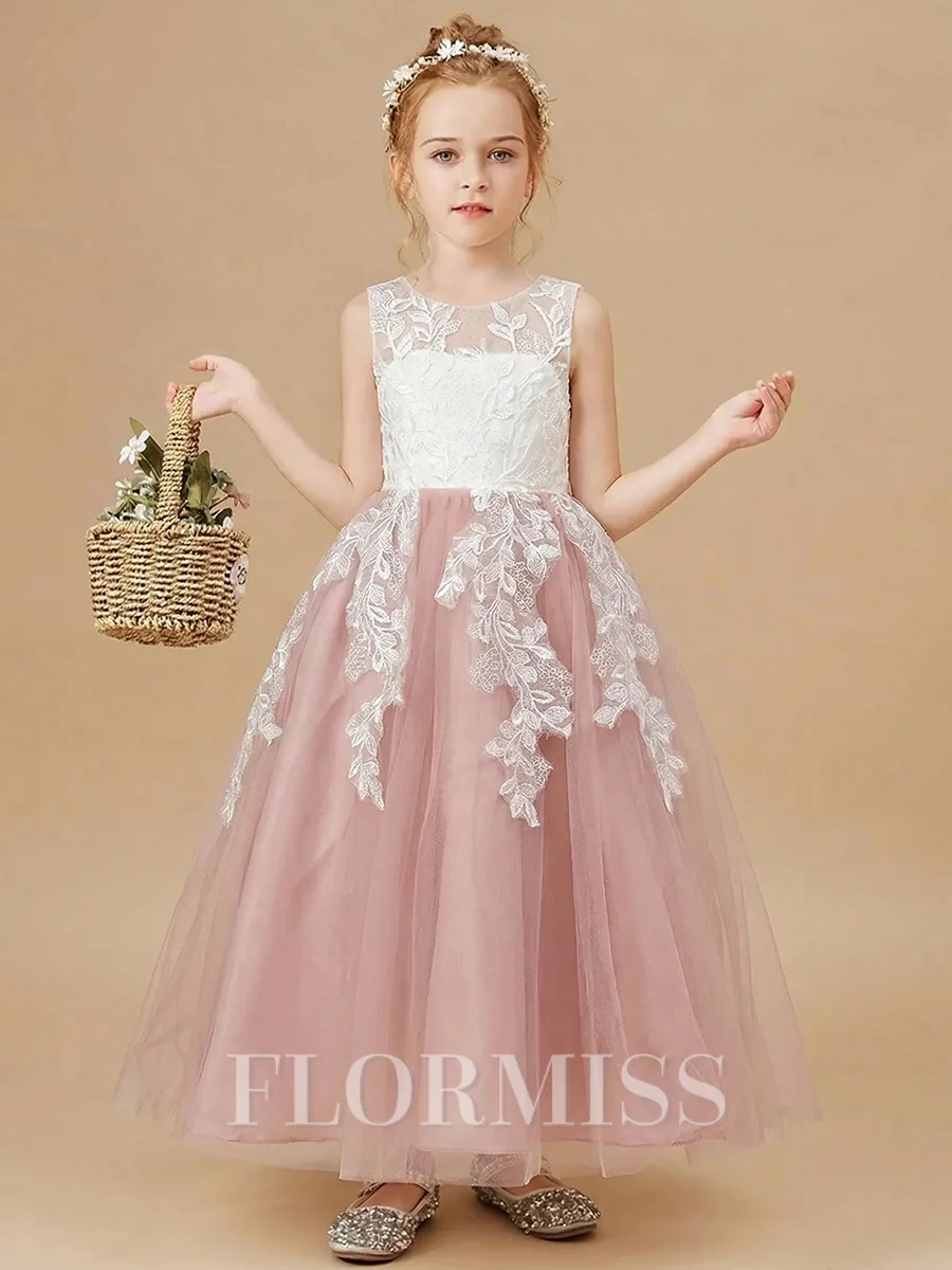 A-line Scoop Applique Floor-Length Tulle Flower Girl Dress