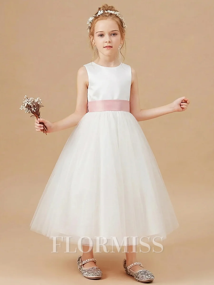 A-line Scoop Bowknot Ankle-Length Tulle Flower Girl Dress