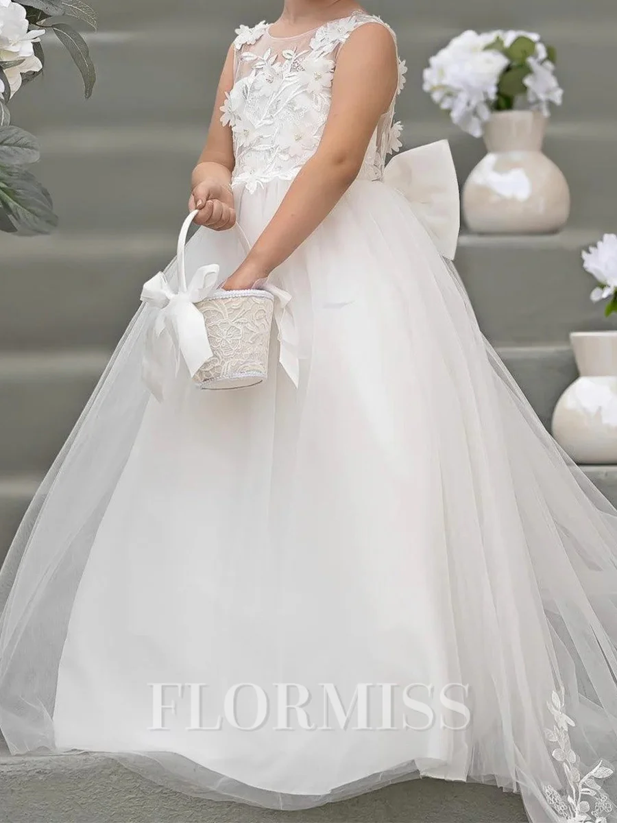 A-line Scoop Applique Sweep Train Tulle Flower Girl Dress