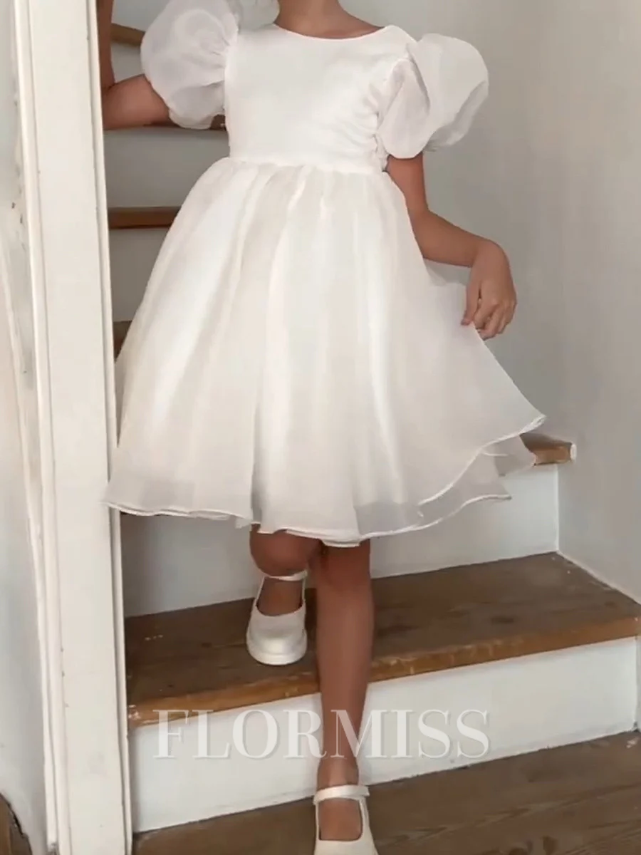 A-line Scoop Short Sleeves Ruffles Knee-Length Organza Flower Girl Dress