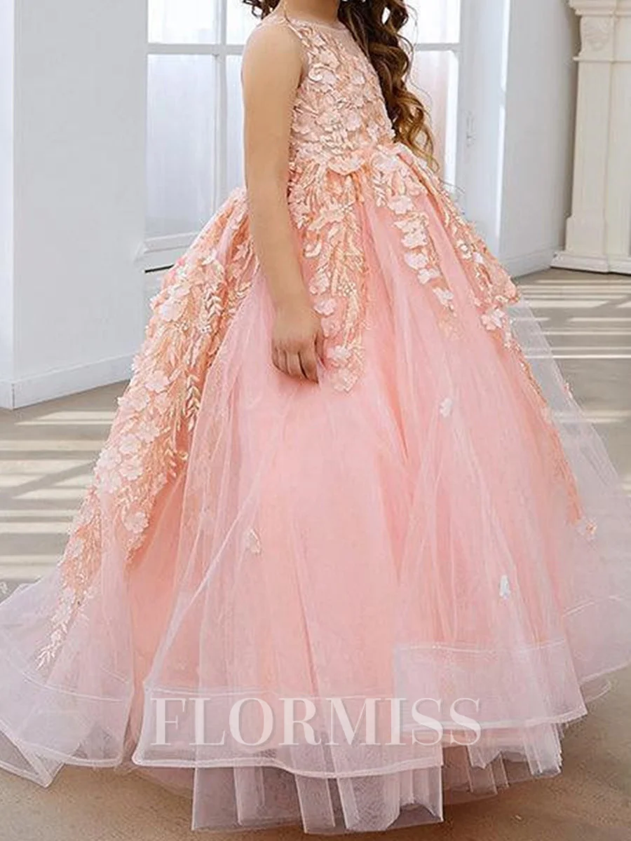A-line Scoop Applique Sweep Train Tulle Flower Girl Dress