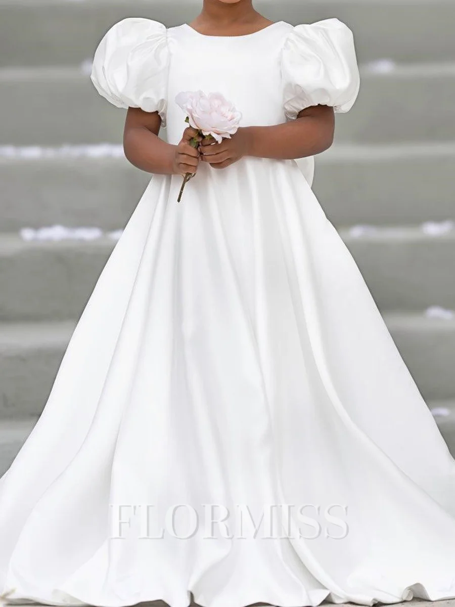 A-line Scoop Short Sleeves Bowknot Sweep Train Silk Like Satin Flower Girl Dress