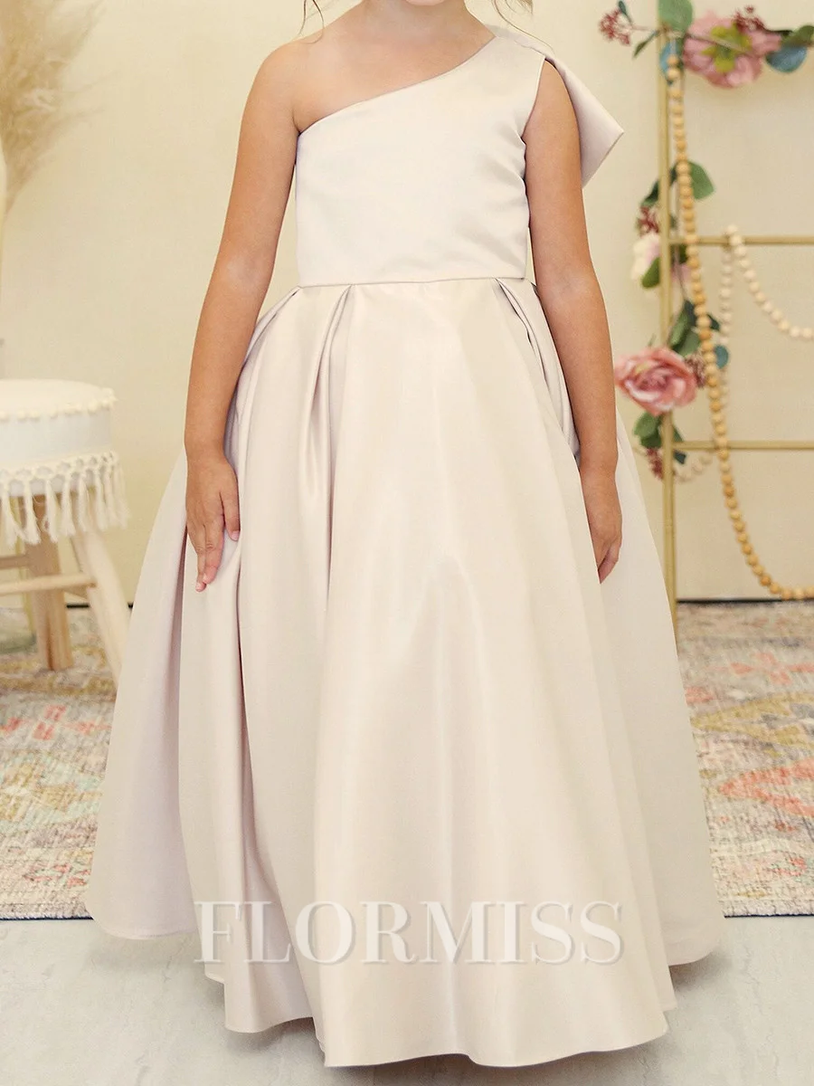 A-line One-Shoulder Bowknot Floor-Length Satin Flower Girl Dress