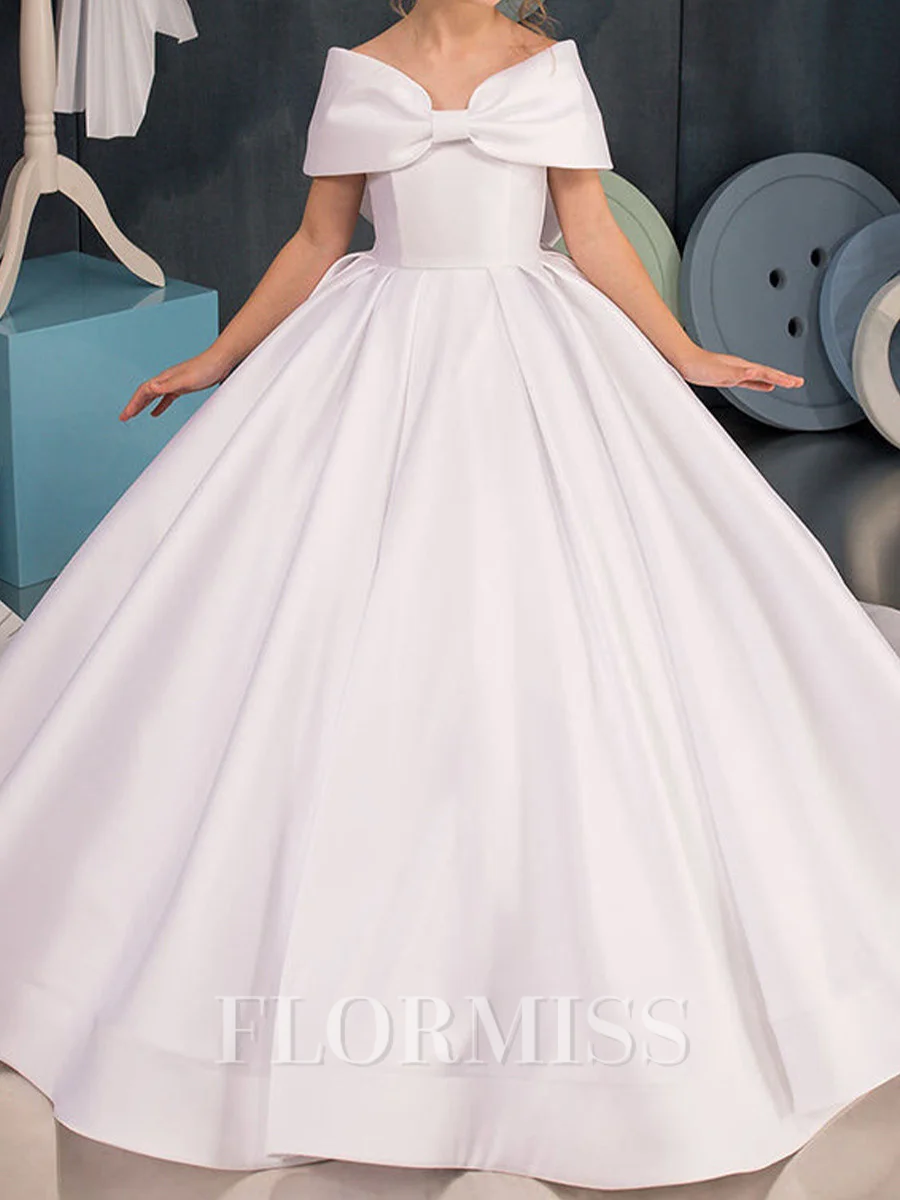 Ball-Gown Off-the-Shoulder Bowknot Court Train Satin Flower Girl Dress