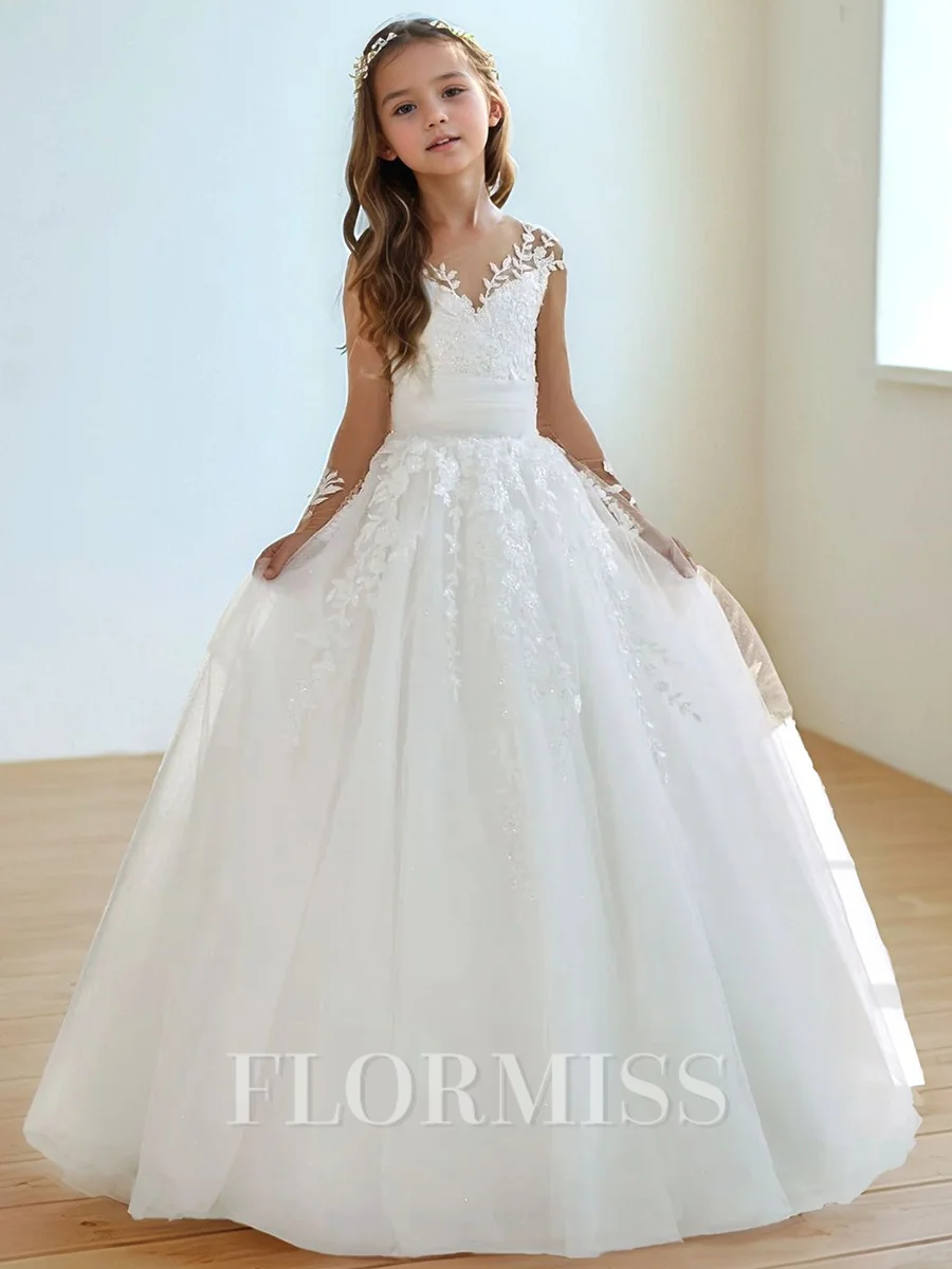 Ball-Gown Sweetheart Lace Sweep Train Tulle Flower Girl Dress