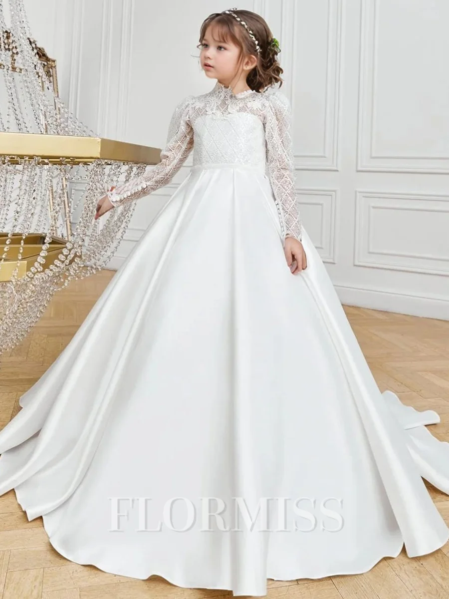 A-line High Neck Long Sleeves Lace Court Train Satin Flower Girl Dress