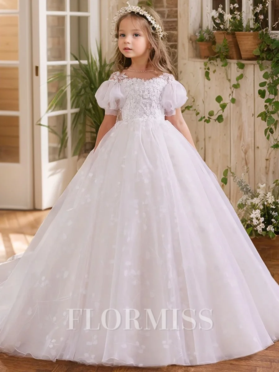 A-line High Neck Short Sleeves Bowknot Sweep Train Tulle Flower Girl Dress