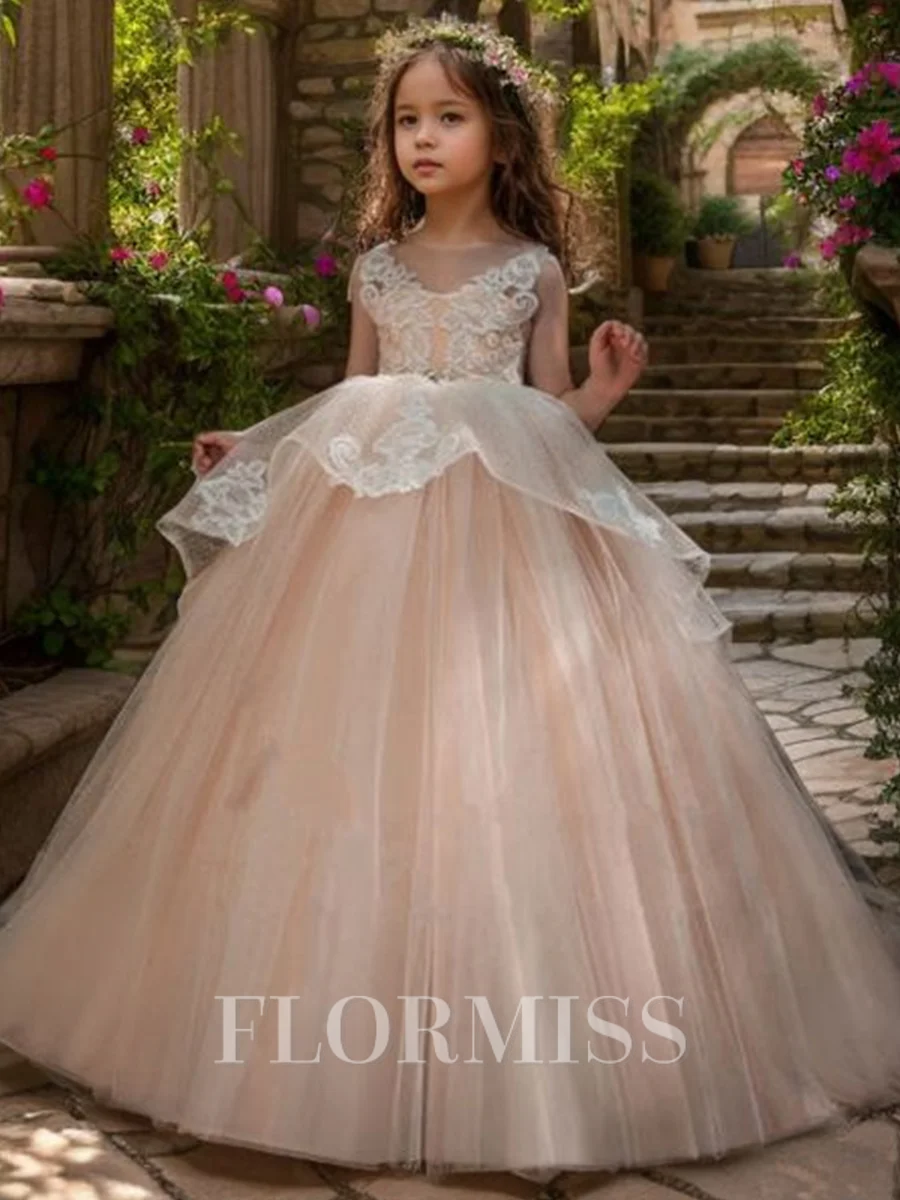 A-line Scoop Bowknot Sweep Train Tulle Flower Girl Dress