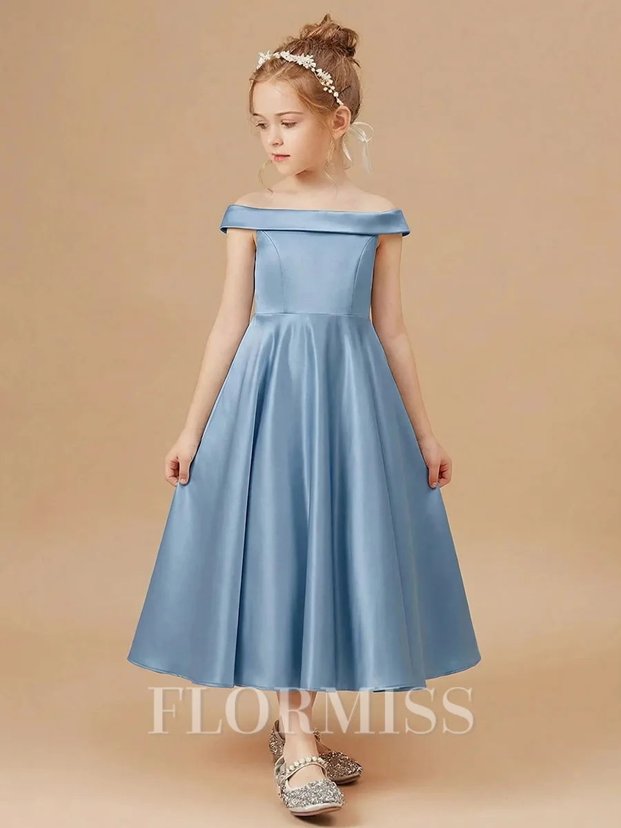 A-line Off-the-Shoulder Ankle-Length Satin Flower Girl Dress