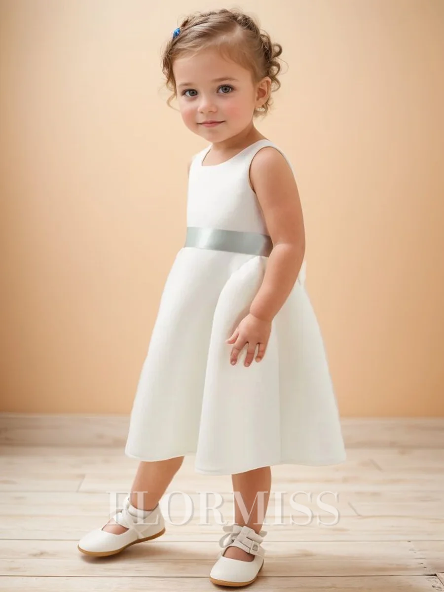A-line Scoop Bowknot Knee-Length Satin Flower Girl Dress